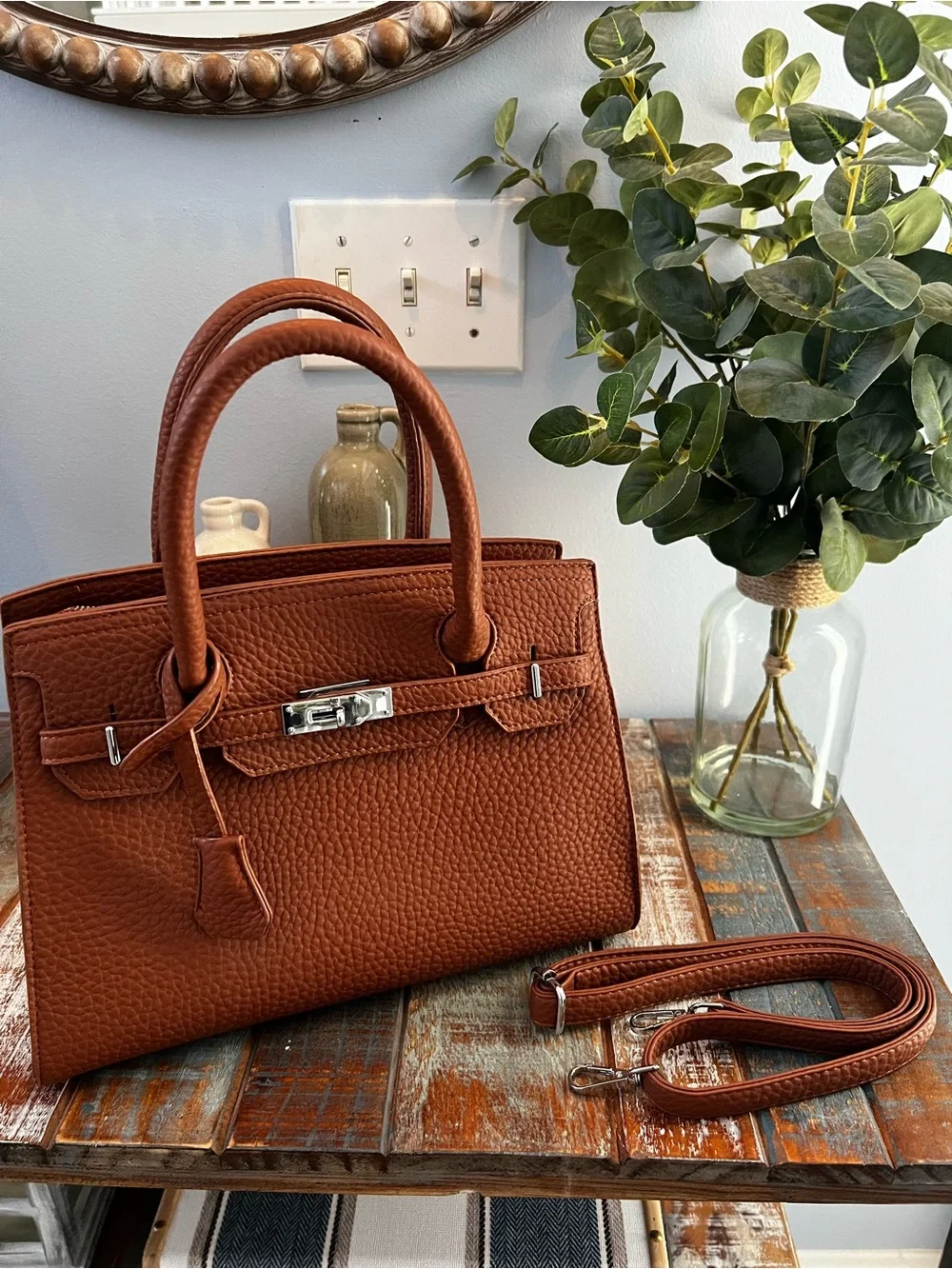 NWOT Birkin Style Pebbled Faux Leather Satchel Tote Bag w/ Crossbody Strap